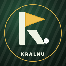 Kralnu Games logo: a K made from a flagstick and a gold flag, with a golf ball