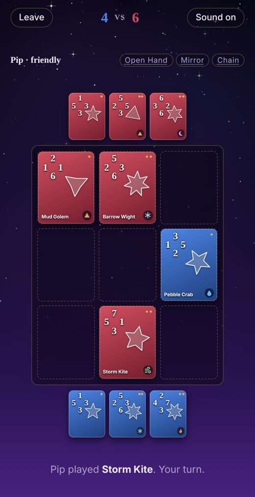 A Solaris Gambit game in progress: blue and red cards on a three by three board